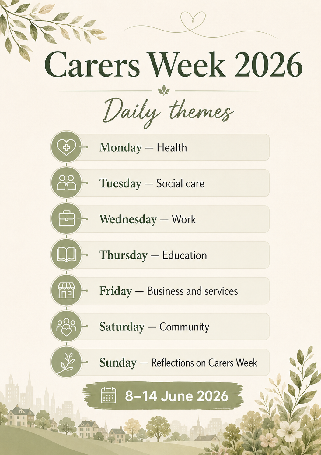 Carers Week 2026 daily themes — Monday to Sunday 8–14 June
