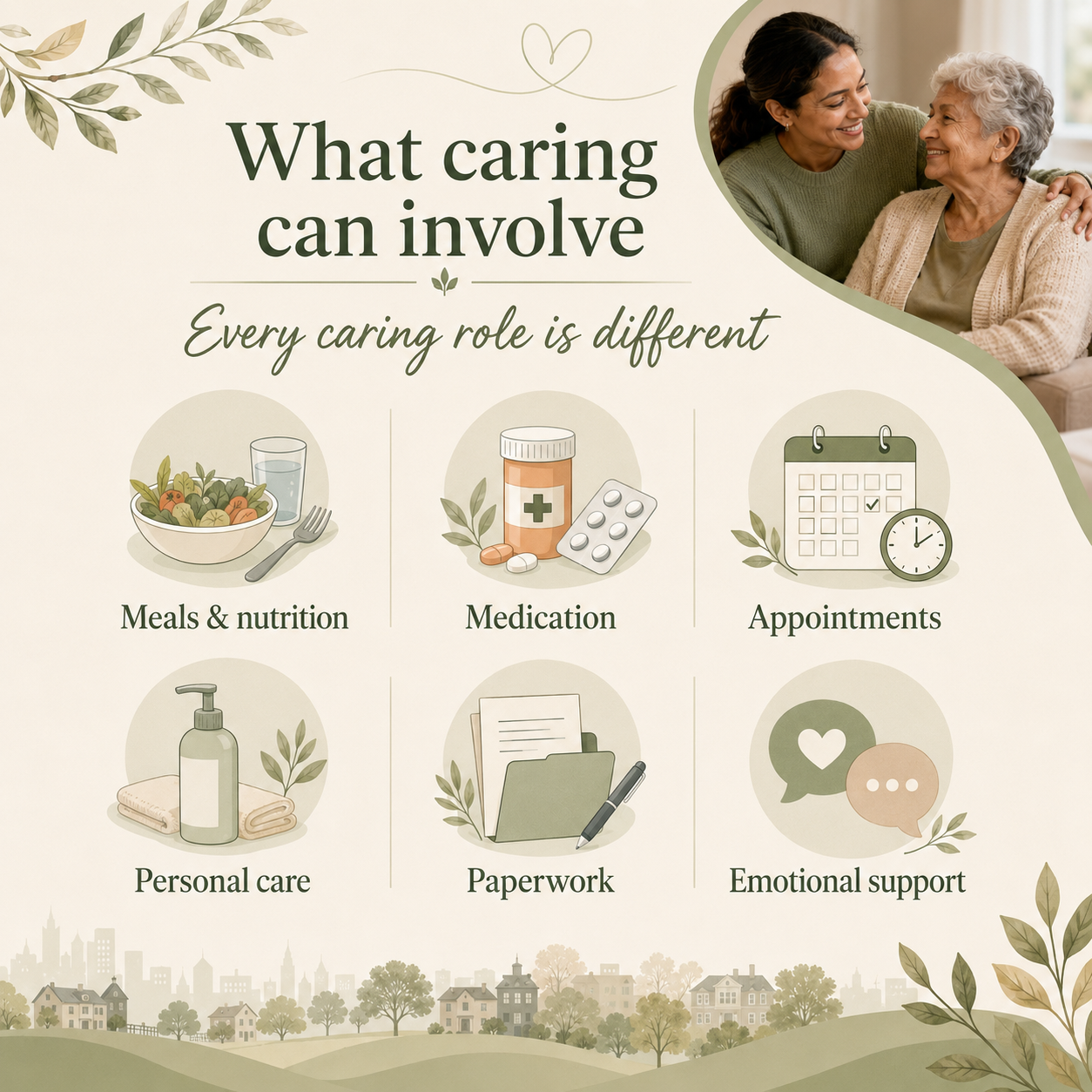 What caring can involve — meals and nutrition, medication, appointments, personal care, paperwork, emotional support